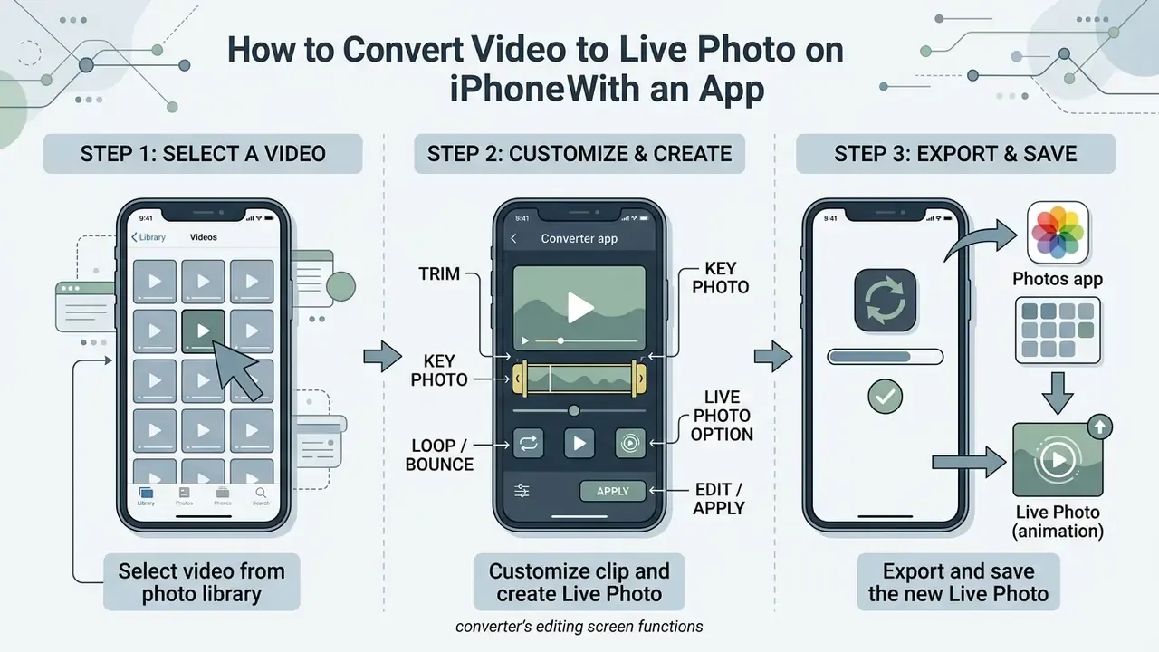 Three-step process for using an app to select, edit, and save a video as a Live Photo on an iPhone