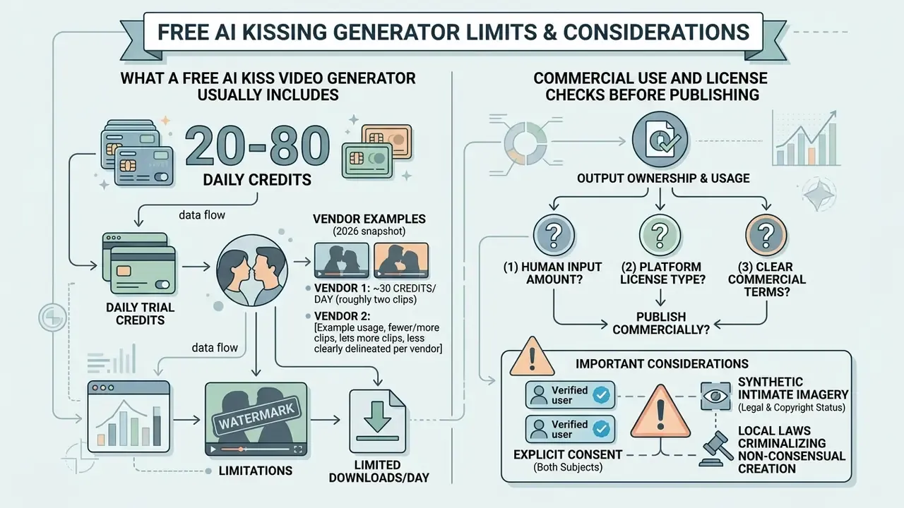 Diagram detailing daily credit limits and commercial licensing rules for an ai kissing generator