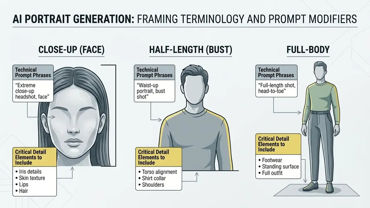 Guide showing prompt phrases and key details for close-up, half-length, and full-body AI portrait generation