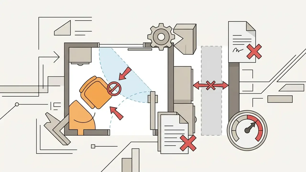Floor plan showing furniture blocking door swings and narrow pathways with error symbols and a gauge