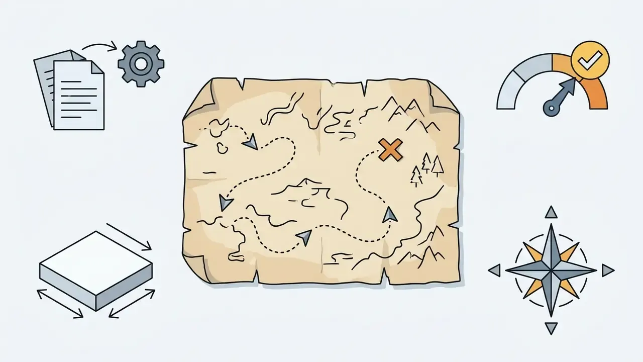 Weathered treasure map with a dotted route and X mark surrounded by icons for processing, scale, and navigation