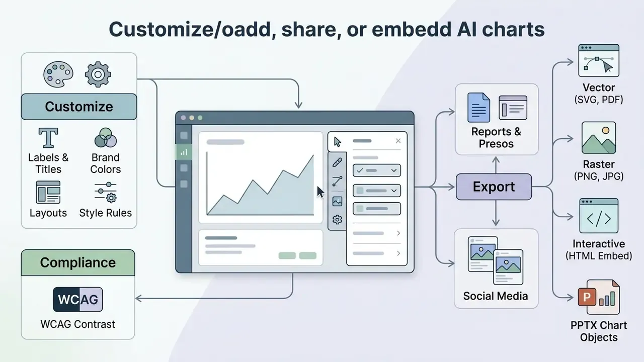 Diagram showing the workflow for styling data visualizations, checking compliance, and exporting files