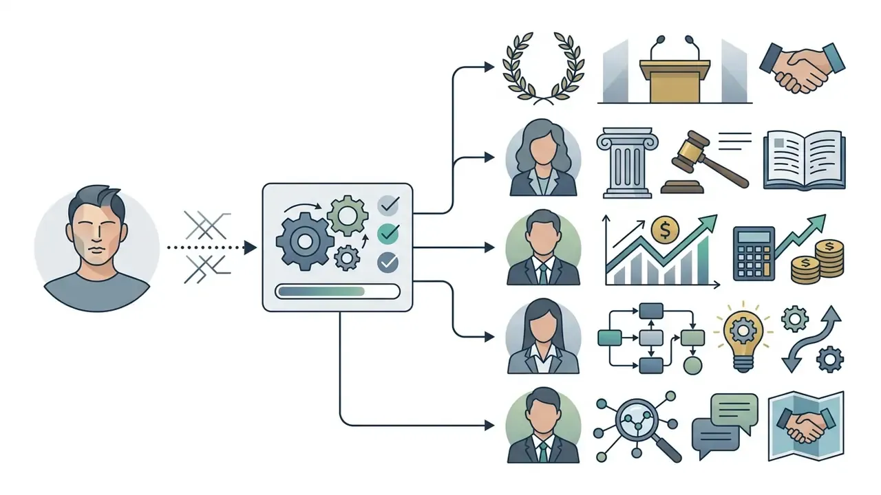 Person icon feeding into a processing engine that generates various professional headshots and symbols
