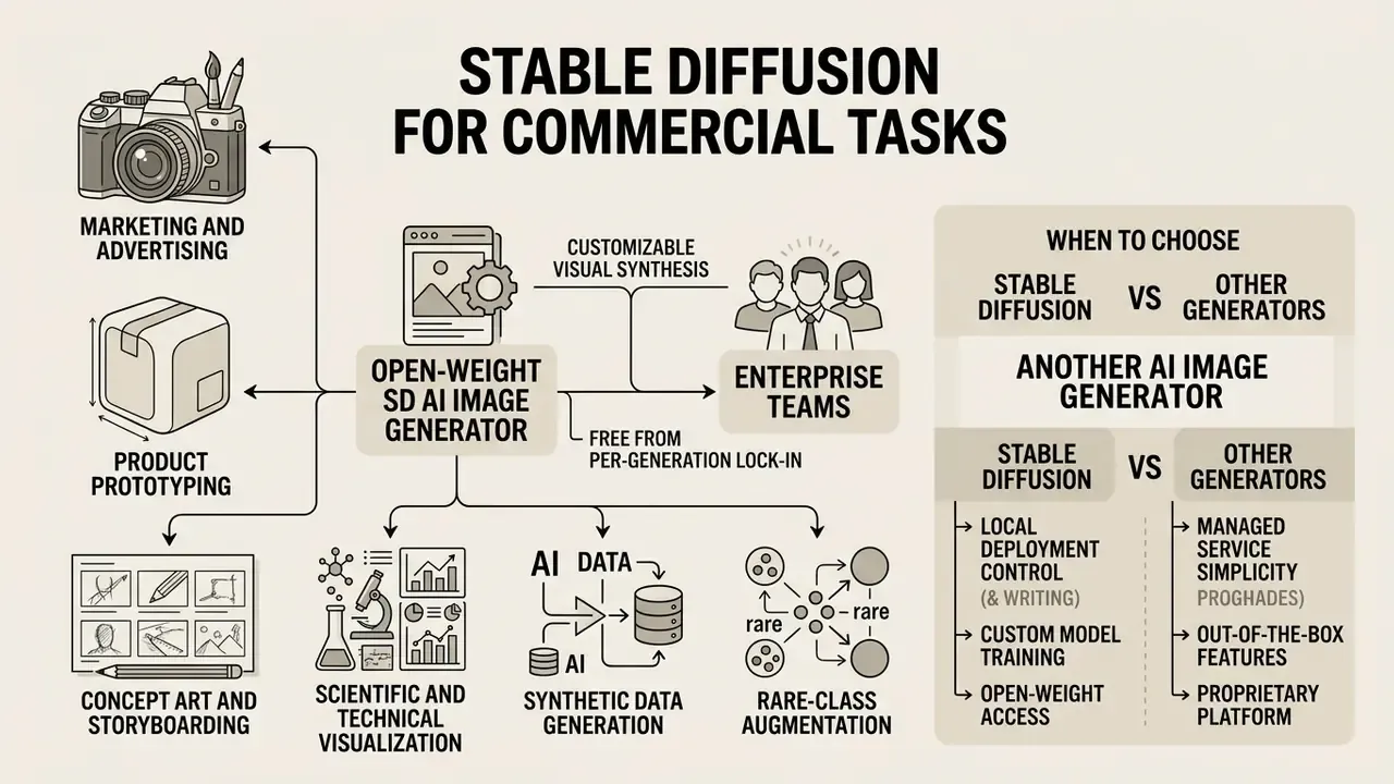 Diagram showing commercial use cases and enterprise benefits of using a Stable Diffusion AI image generator