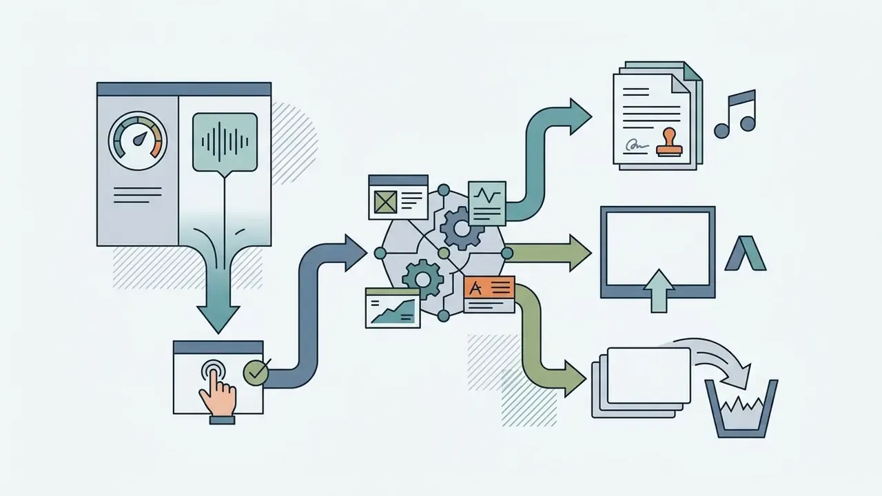 Diagram showing audio processing, metadata tagging, platform uploading, and content removal steps