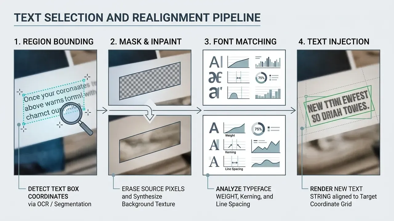 Four-step diagram illustrating the technical pipeline for detecting, masking, matching, and replacing text