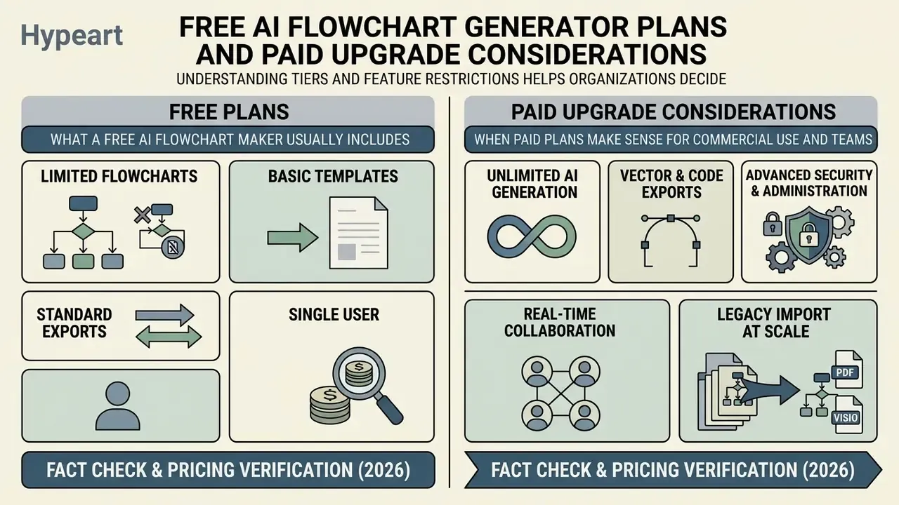 Comparison table contrasting features available in free versus paid diagramming service subscriptions