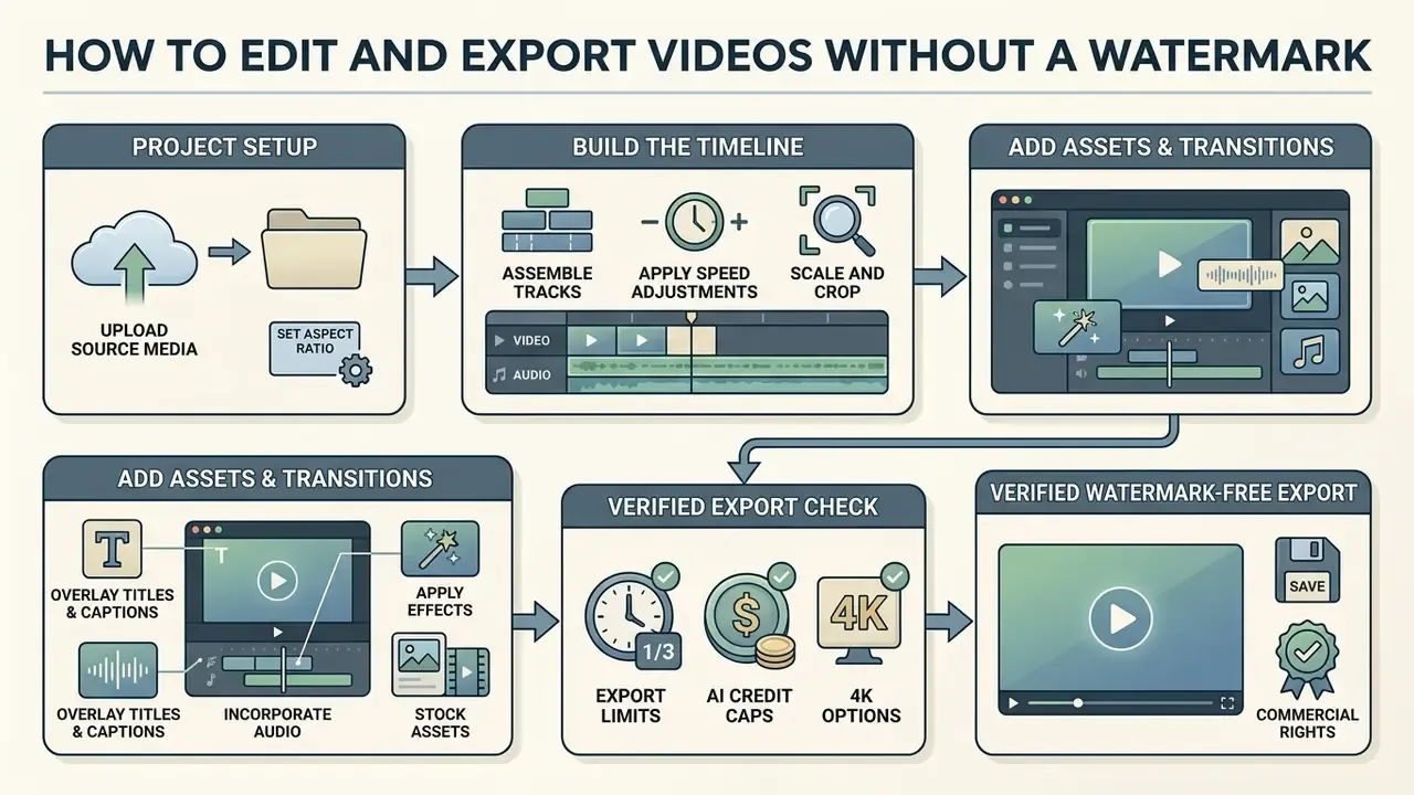 Steps for using a free AI video editor to build a timeline, add assets, and complete a clean export