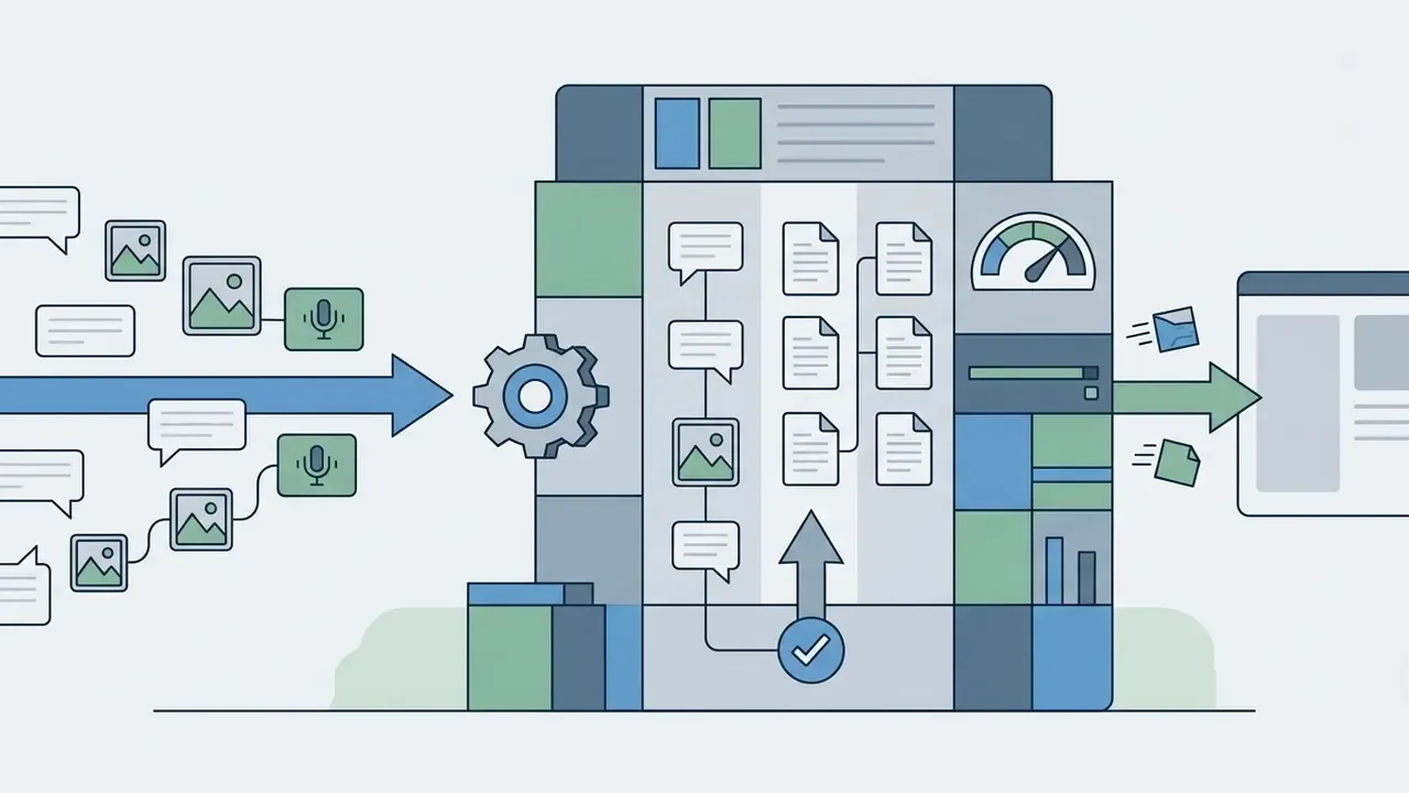 Data inputs flowing through a processing gear into a storage system that archives conversation logs