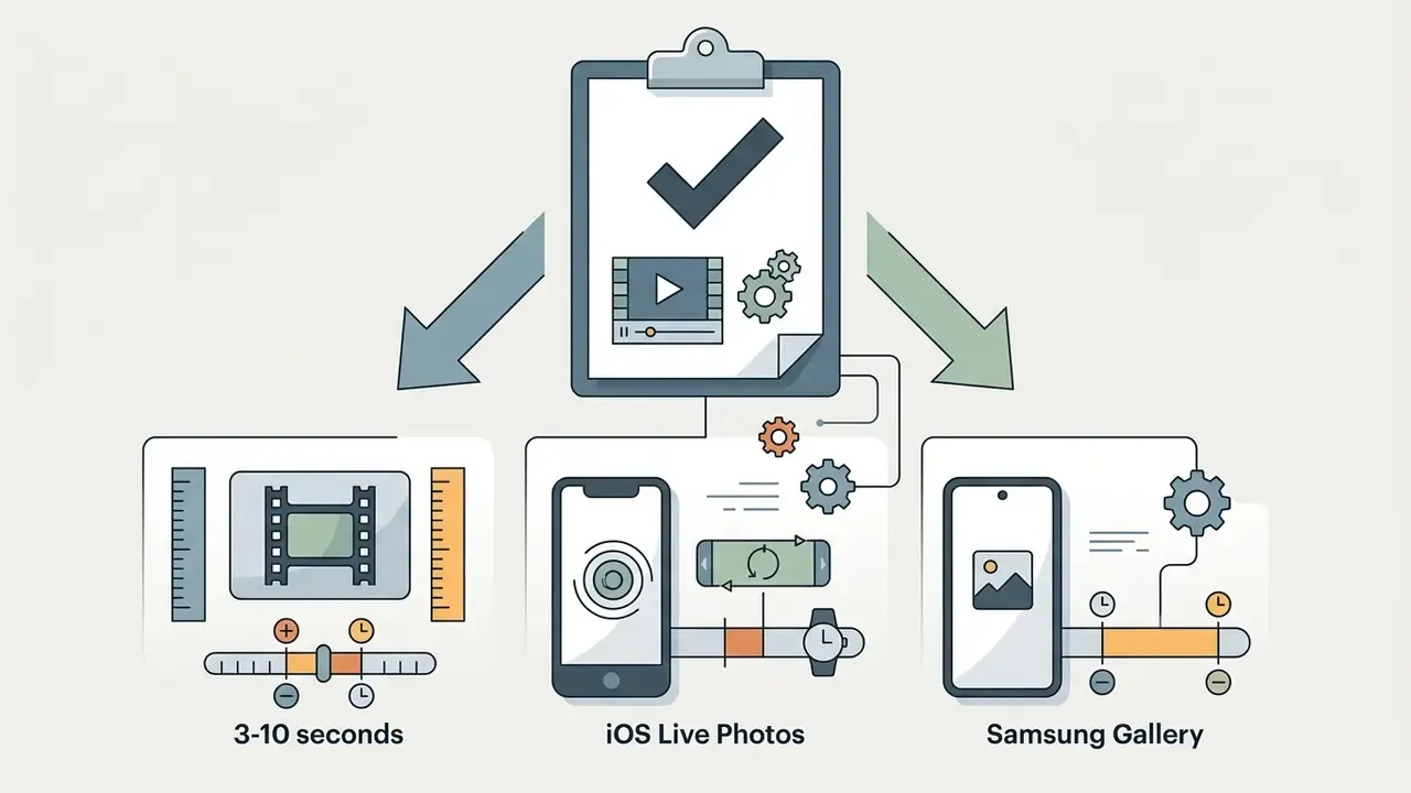 Clipboard with checkmark pointing to video duration settings for iOS Live Photos and Samsung Gallery