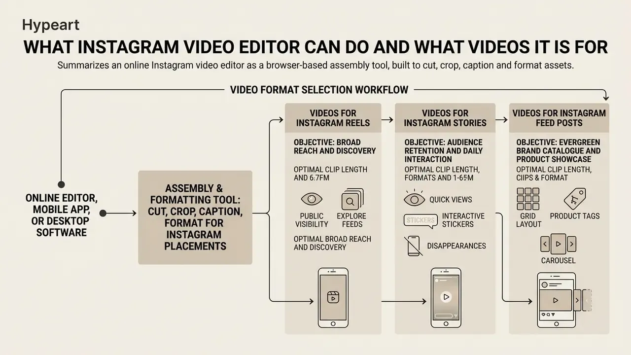 Flowchart showing how an online editor formats video content for Instagram Reels, Stories, and Feed posts