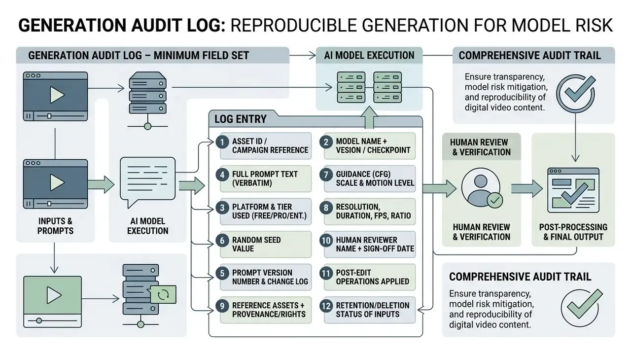 Structured log entry fields for tracking video generation metadata and human review steps