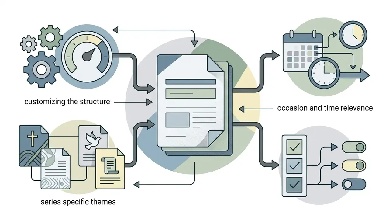 Thematic icons and a gauge feed into a central template to produce scheduled and verified content