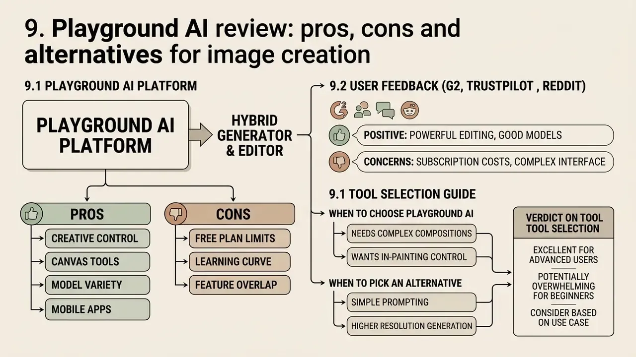 Summary of Playground AI pros, cons, user feedback, and a decision guide for choosing image tools