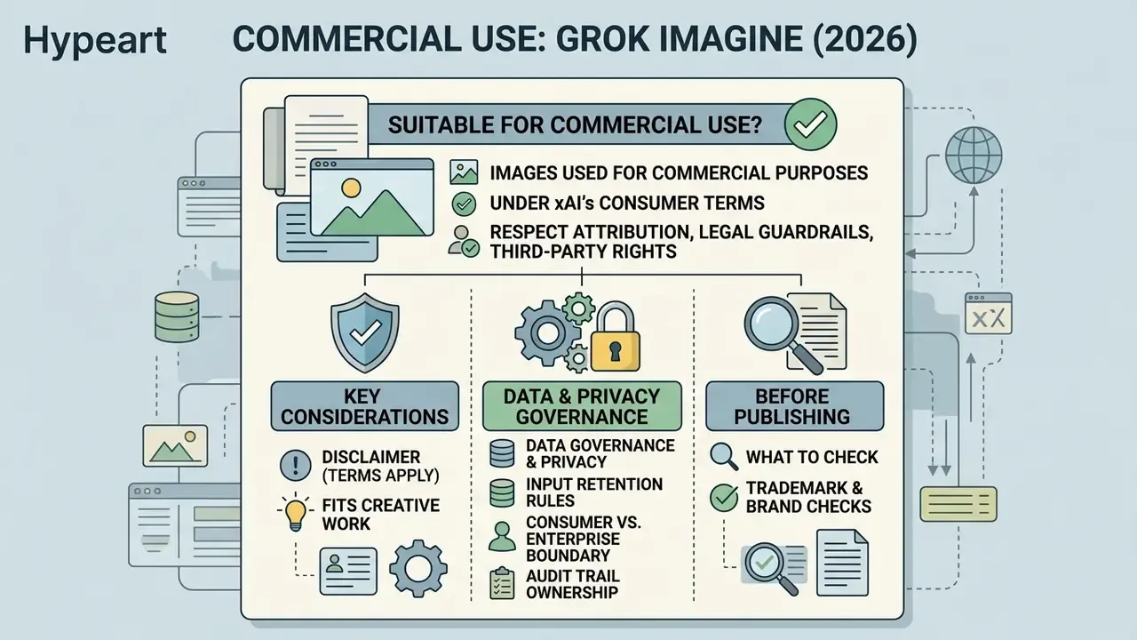 Infographic outlining key considerations, data governance, and publishing checks for commercial image use