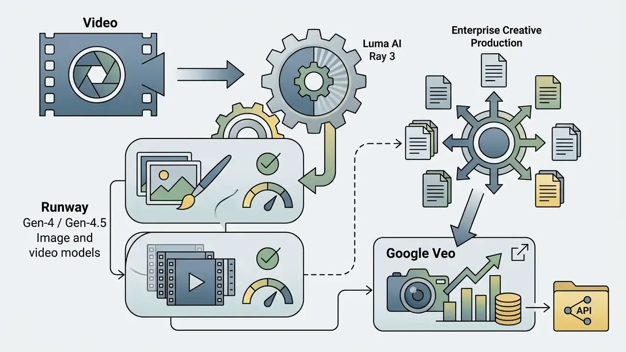 Process flow connecting video and AI models to enterprise production and Google Veo API integration