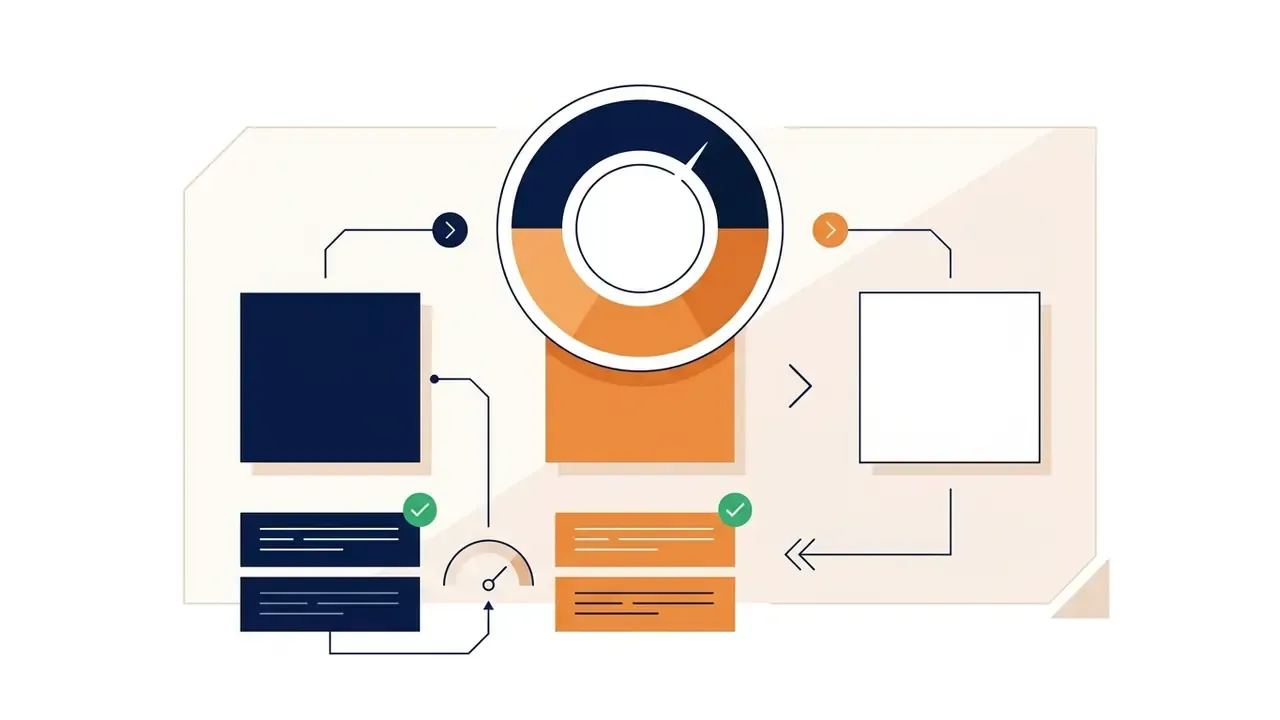 Color palette selection process with navy and orange swatches linked to a central gauge and design blocks