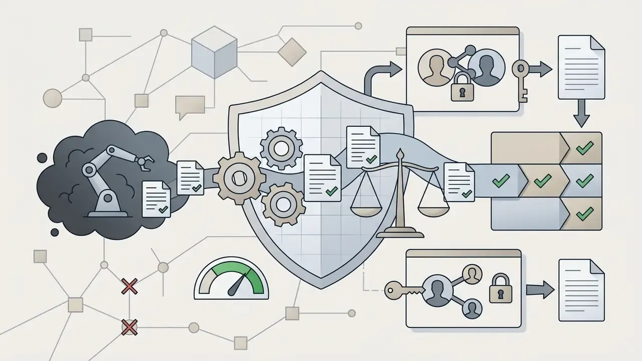 Robotic arm and documents passing through a shield to reach access controls and compliance checklists