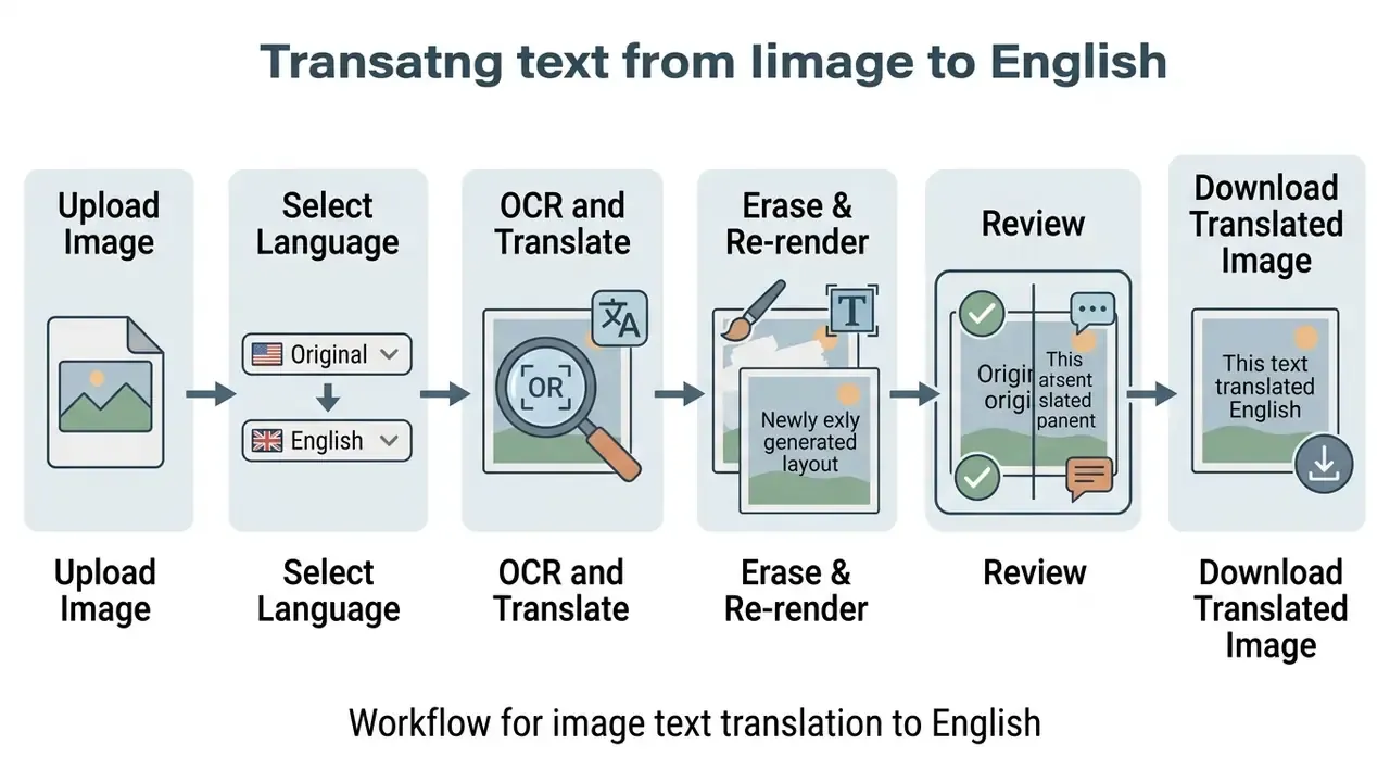 Flowchart showing the sequential steps to translate image text into English from upload to download