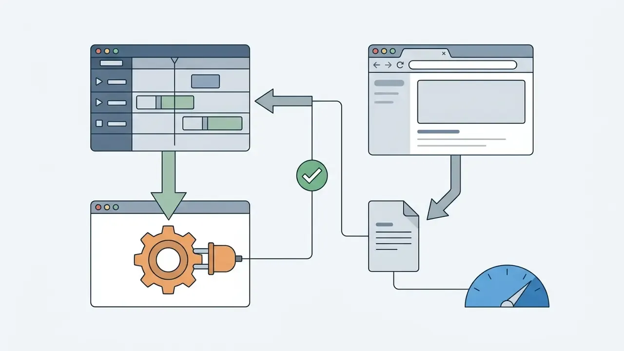 Workflow showing video editing software and web browser interfaces connected to processing tools