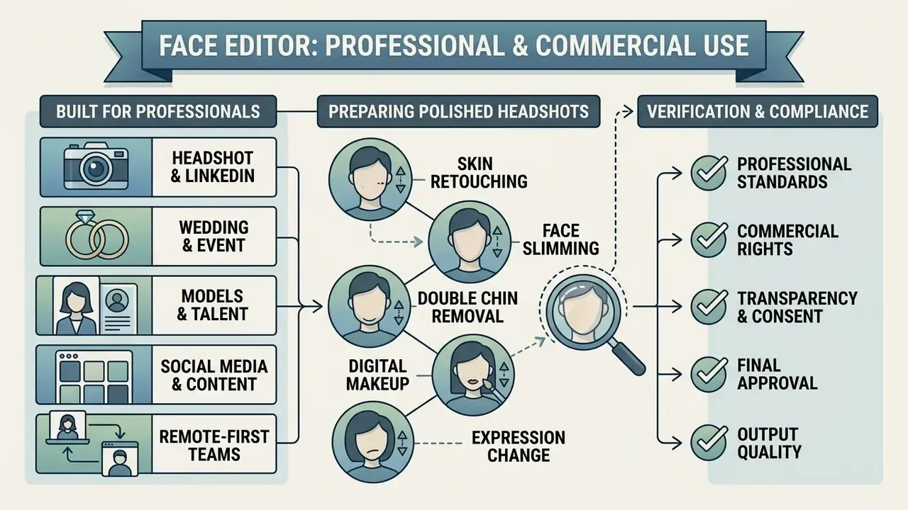 Workflow showing professional user groups, portrait retouching steps, and compliance requirements