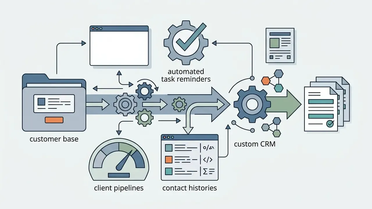 Customer base data flowing through gears into a custom CRM dashboard with task reminders and pipelines