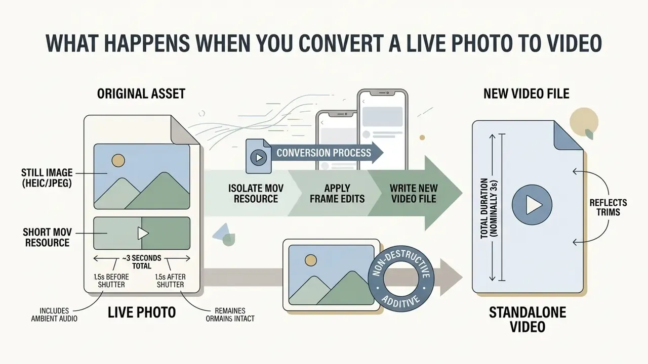 Diagram showing how a Live Photo is converted into a standalone video file while keeping the original intact