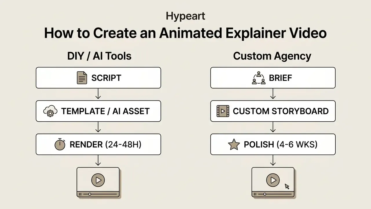 Comparison flowchart contrasting the production steps for DIY AI tools versus custom agency services