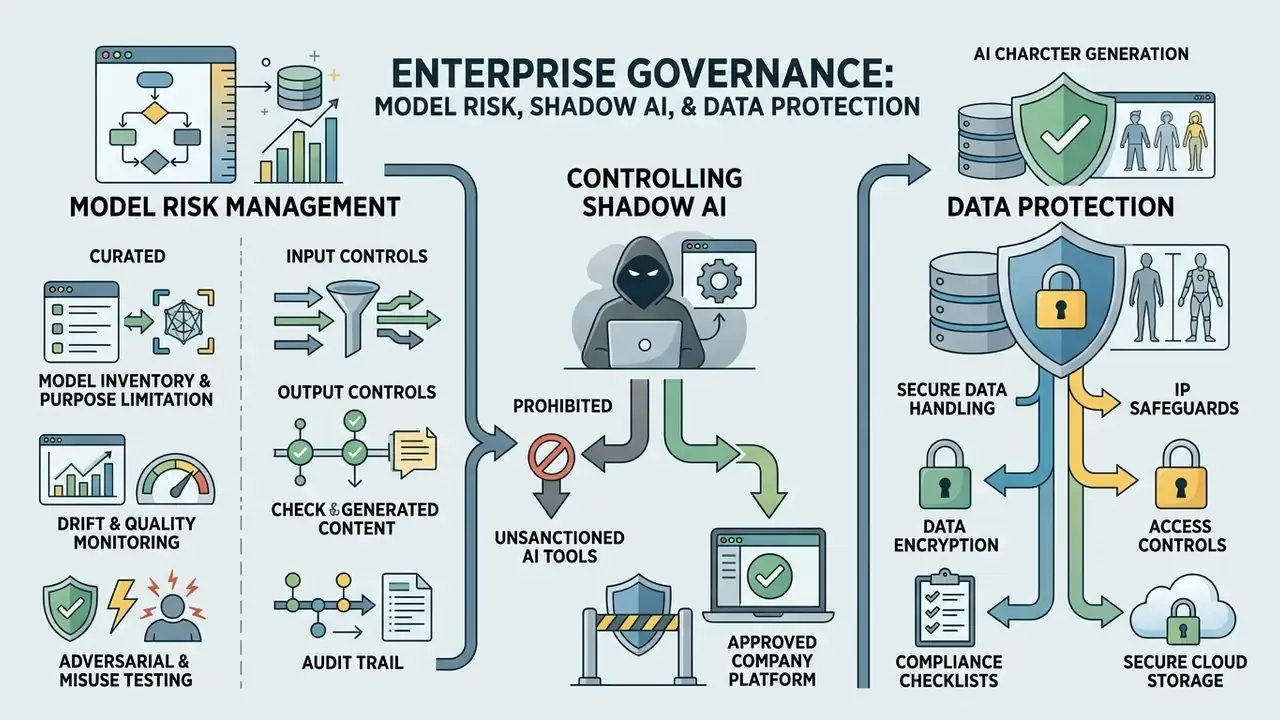 Flowchart illustrating risk management, shadow AI mitigation, and data protection strategies