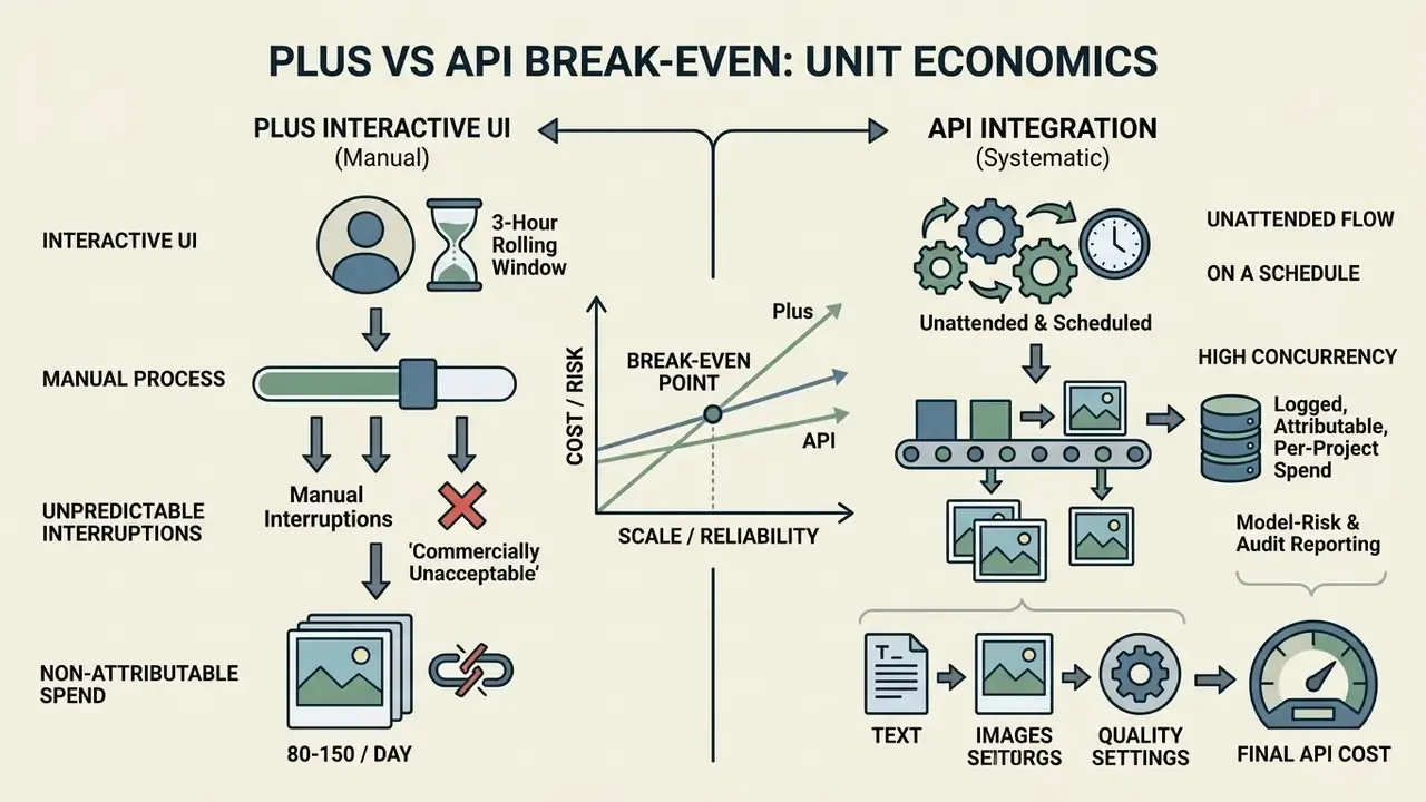 Comparison diagram showing manual ChatGPT Plus usage versus automated API integration cost economics