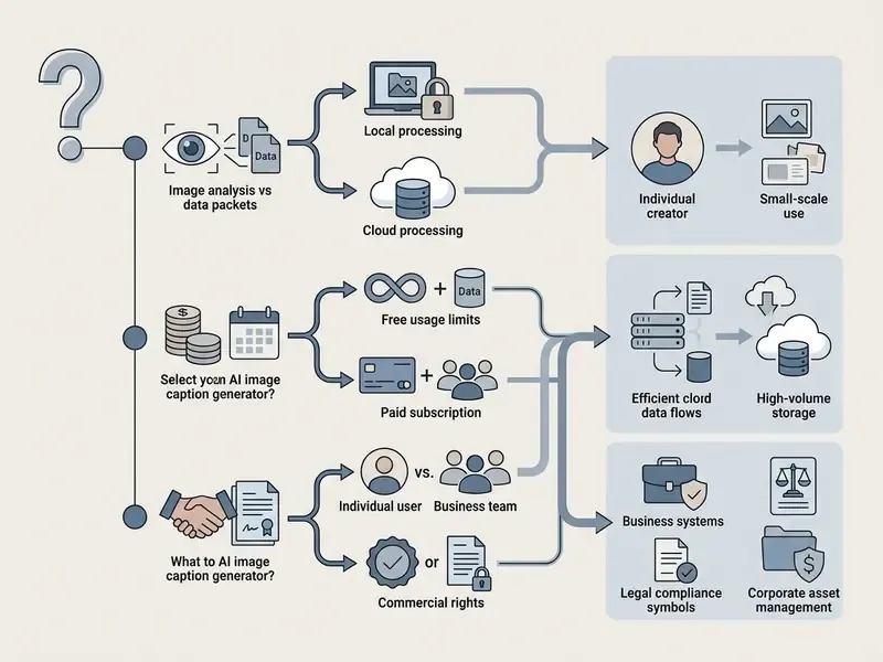 Decision tree branching into three AI image caption generator selection scenarios for different user needs