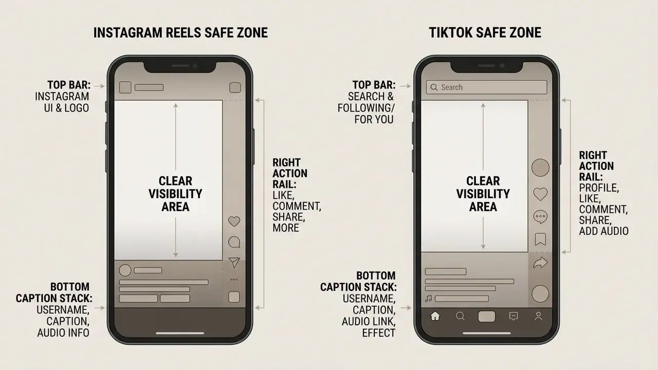 Mobile UI overlays highlighting clear visibility areas for Instagram Reels and TikTok video content