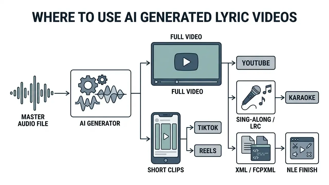 Diagram showing the distribution pipeline from master audio to video platforms, karaoke, and NLE software