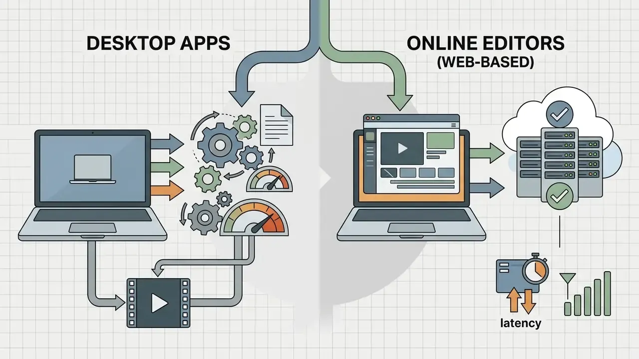 Visual contrast between local software processing and cloud-based editing workflows using web servers