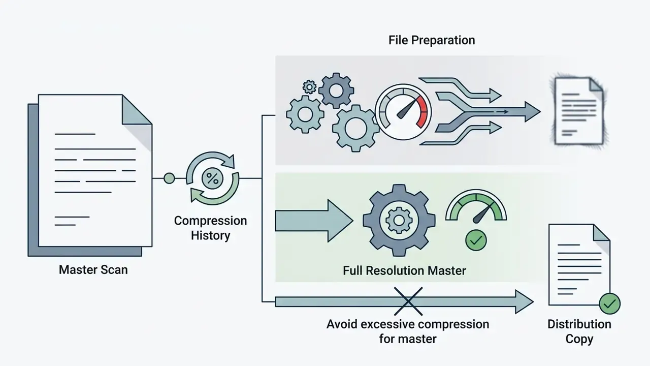 Visual representation showing how excessive compression degrades a master scan versus maintaining high quality