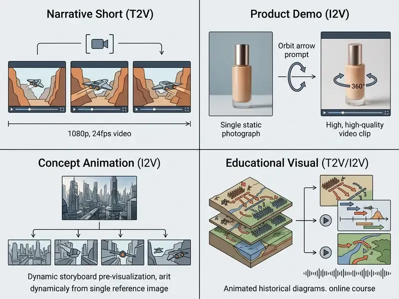 Four quadrants showing video generation examples including sci-fi scenes, product orbits, and diagrams