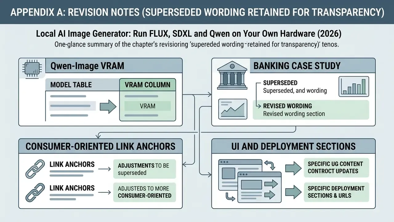 Diagram summarizing revision notes for VRAM tables, banking case studies, link anchors, and deployment UI