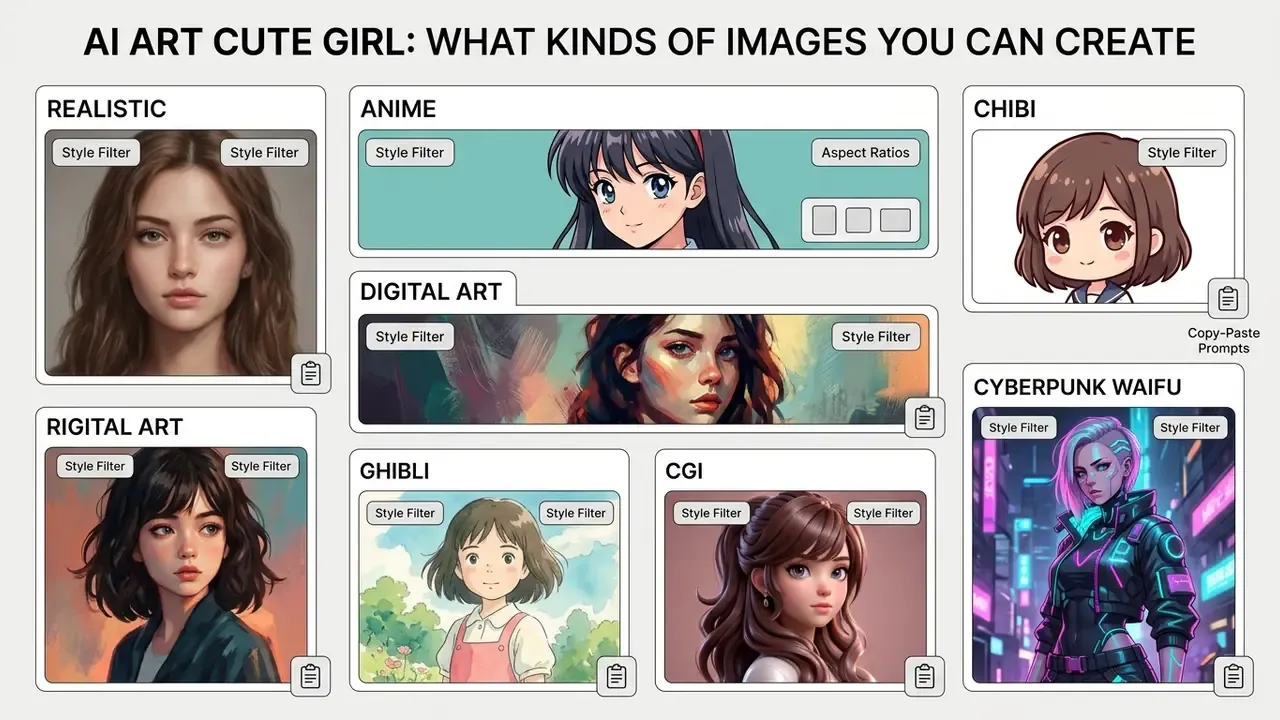 Grid of diverse ai art cute girl portraits categorized by artistic styles like anime and cyberpunk
