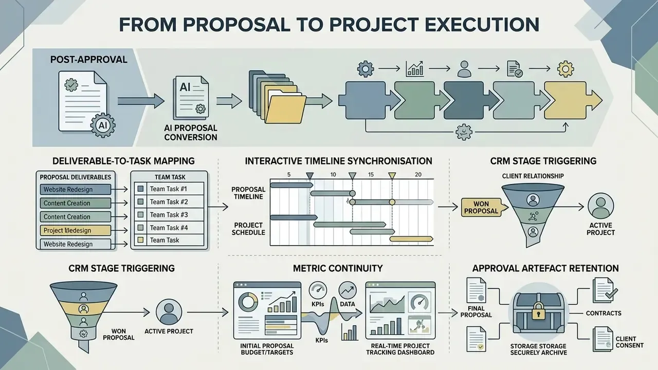 Process map showing the conversion of approved proposals into active project workflows and documentation
