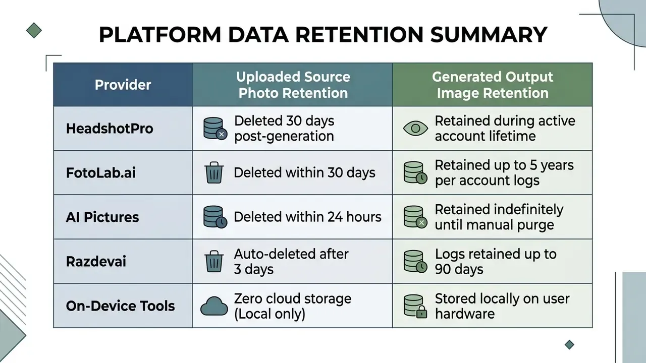 Summary list comparing data retention policies for uploaded and generated photos across various AI platforms
