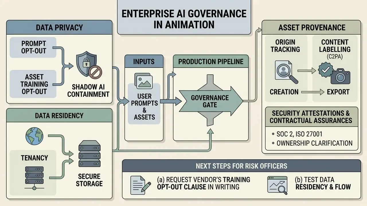 Flowchart detailing data privacy, residency, and asset provenance steps for corporate animation workflows