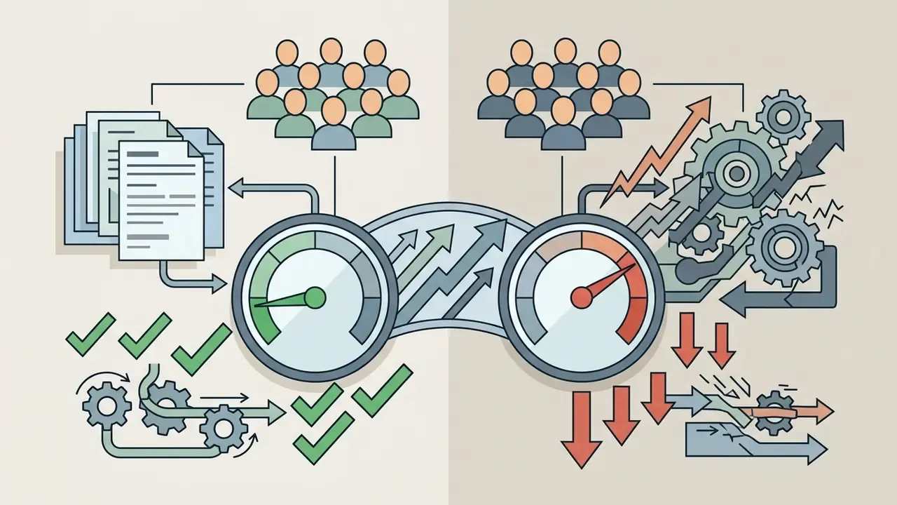 Comparison of two workflows showing gauge meters with contrasting efficiency and complexity indicators
