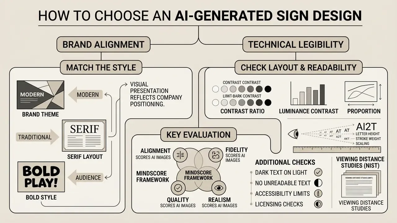 Infographic comparing brand alignment and technical legibility factors for evaluating sign design concepts