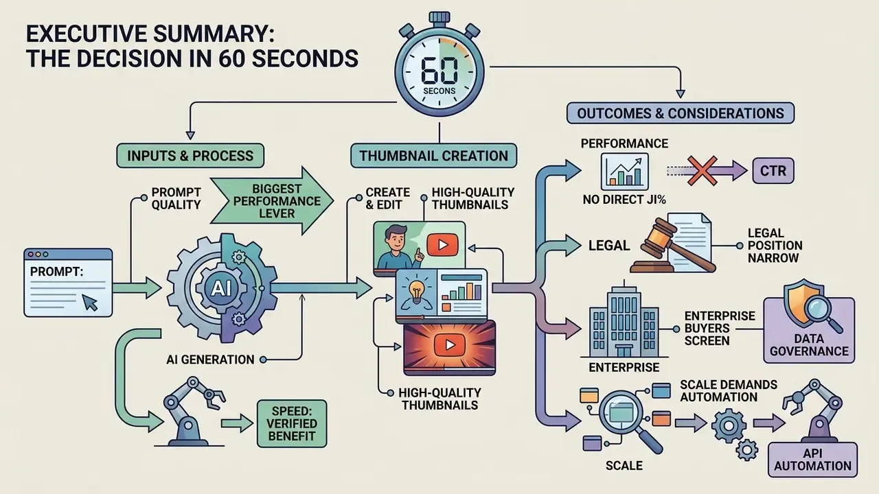 Infographic showing the AI thumbnail maker process from prompt input to legal and enterprise considerations
