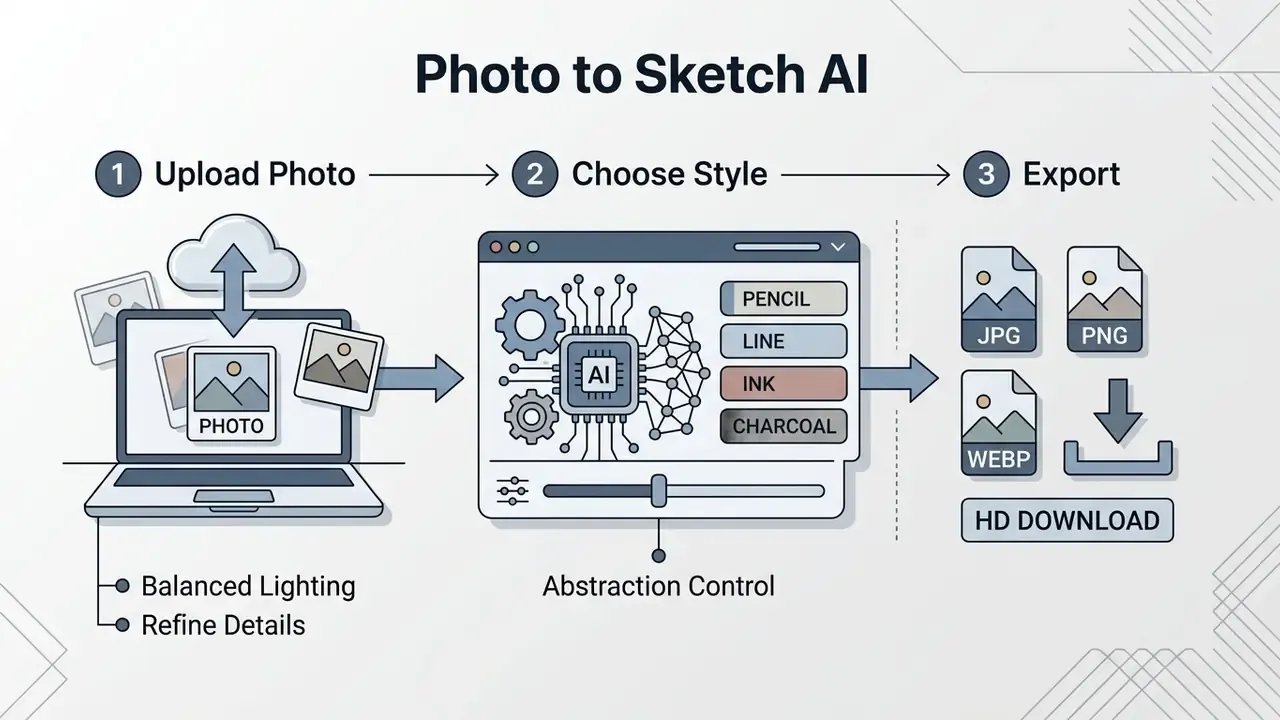 Three step workflow showing image upload, style selection with abstraction controls, and file export