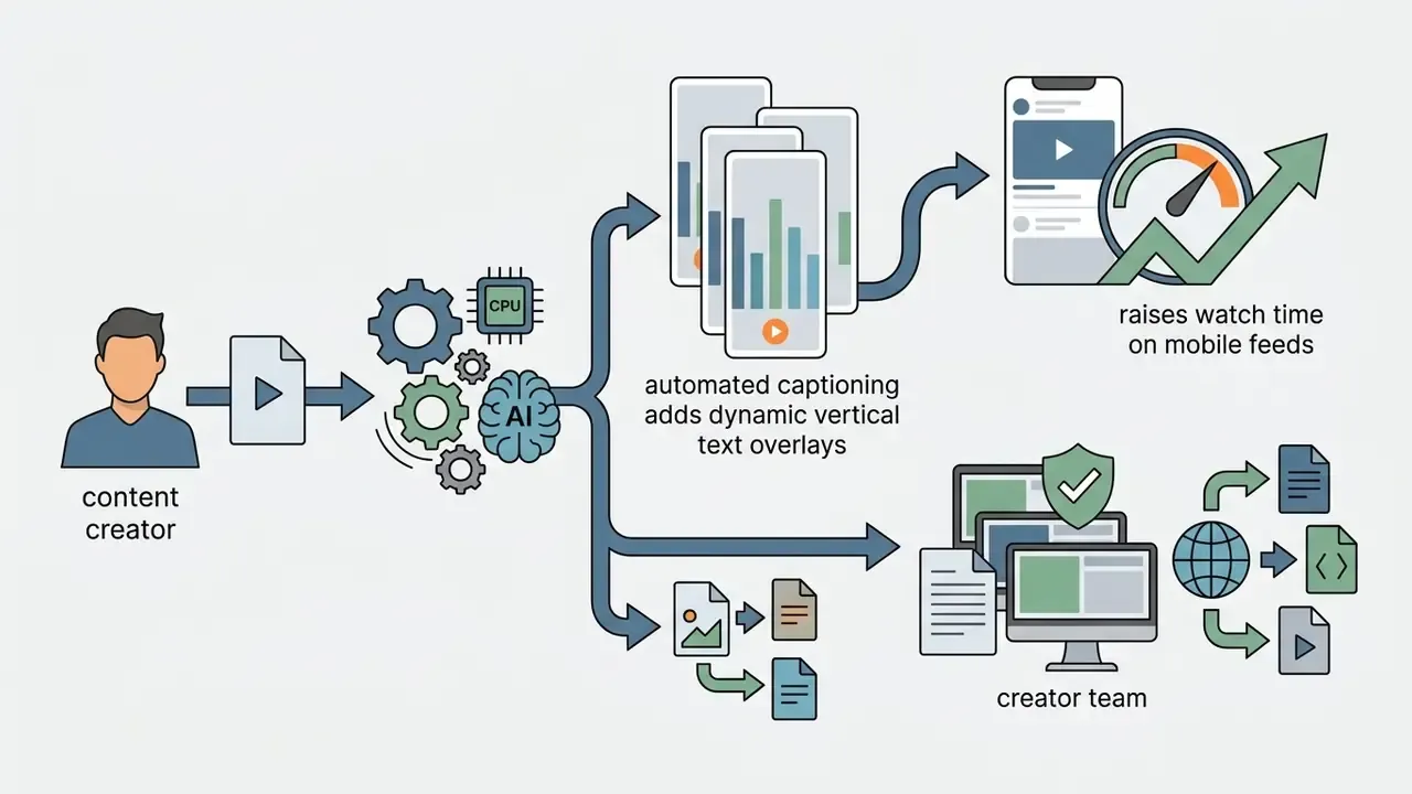 Content creator feeding video into an AI processor to generate vertical text overlays for mobile feeds