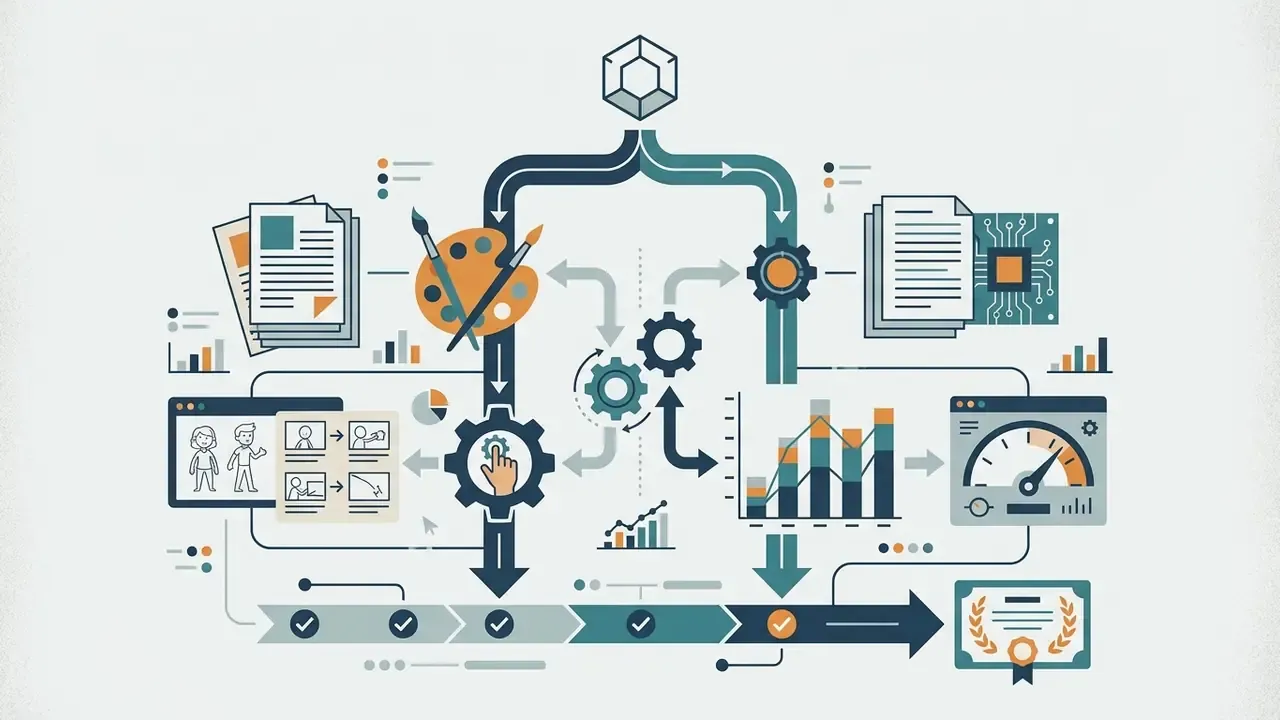 Branched system showing artistic and technical workflows converging toward a final certification