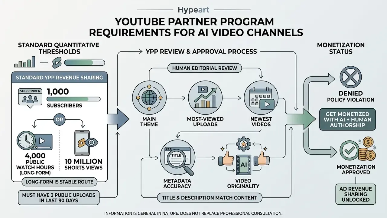 Step-by-step guide showing how AI channels meet YouTube Partner Program thresholds and review criteria