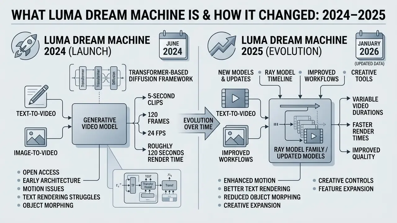 Infographic comparing the 2024 launch and 2025 evolution of the Luma Dream Machine video generation model