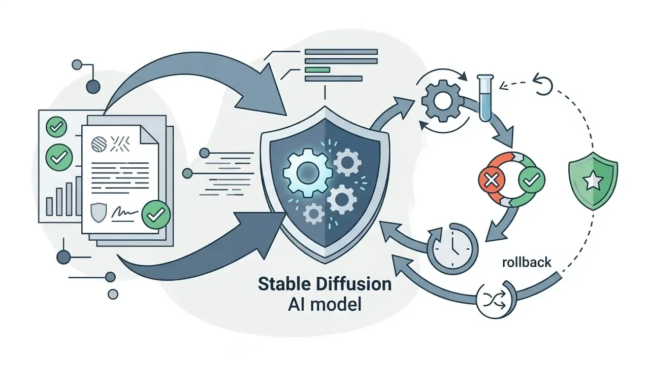 Cycle of testing and monitoring icons connecting documents to a central shield and a rollback loop